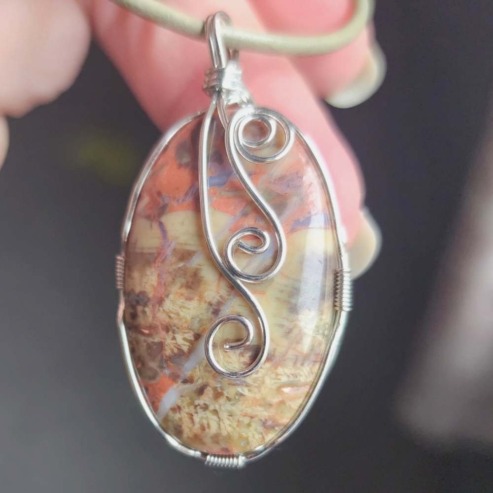 Stone Wire-wrapped pendant on cord